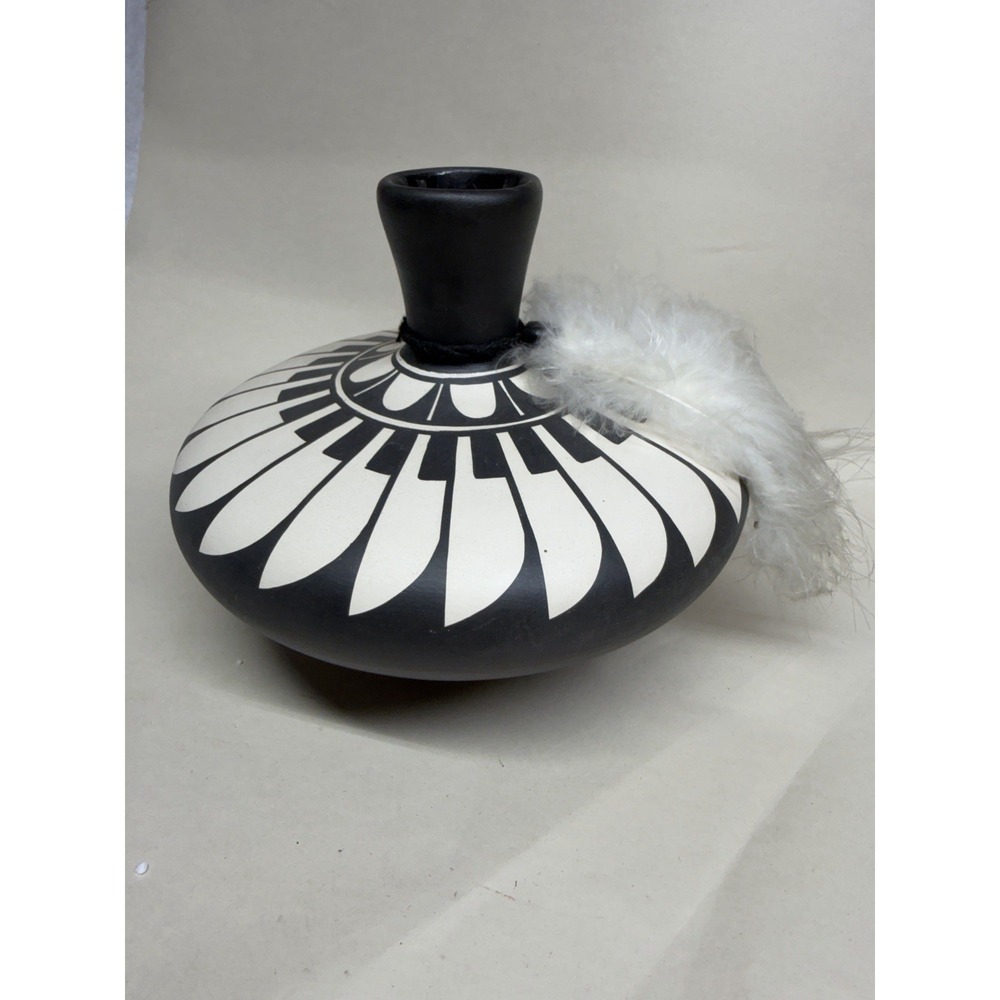 Vintage Southwest Pottery Vase White Feather Dorn AZ Black White Seed Pot 6"